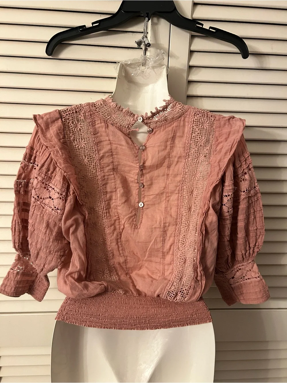 FP One Sydney  Lace-Panel Pink Blouse with Puff Sleeves